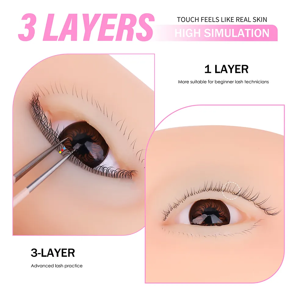 3 Layers Lashes Reusable Mannequin Eyes Eyelash Extension Eyes Model Doll Face Head Training Simulated Silicone Eye Makeup Tools