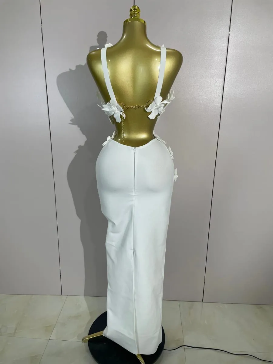 Women Sexy White Flowers V-Neck Tops Bodycon Long Dress Two Pieces Set Eveing Party Prom Gown Nightclub Celebrate Birthday Dress — image 3