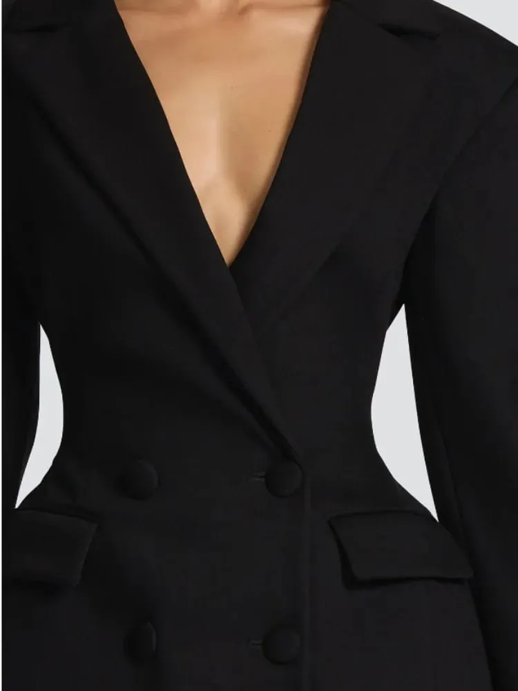 Lady Solid Waist Cinching Blazer Dress Fashion Full Sleeve Lapel V-neck Double Breasted Slim Vestidos 2026 Office Street Gown — image 2