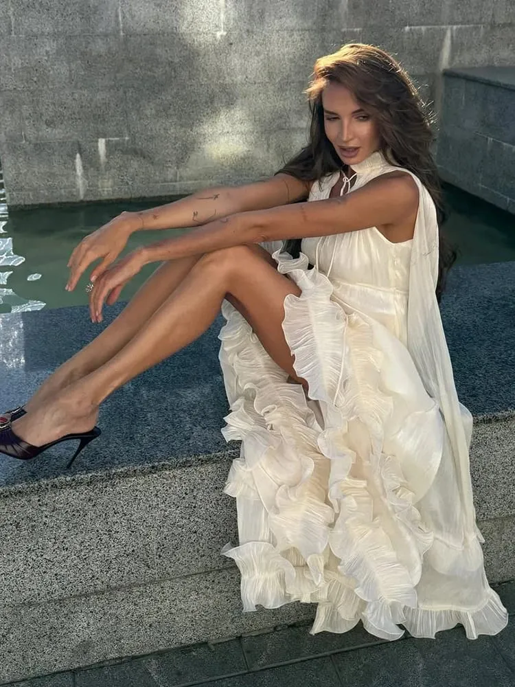 Women Solid Ruffle Maxi Dress Fashion Lapel High Waist V-neck Sleeveless Pleated Chic Dresses 2026 Summer Lady Evening Robes — image 7