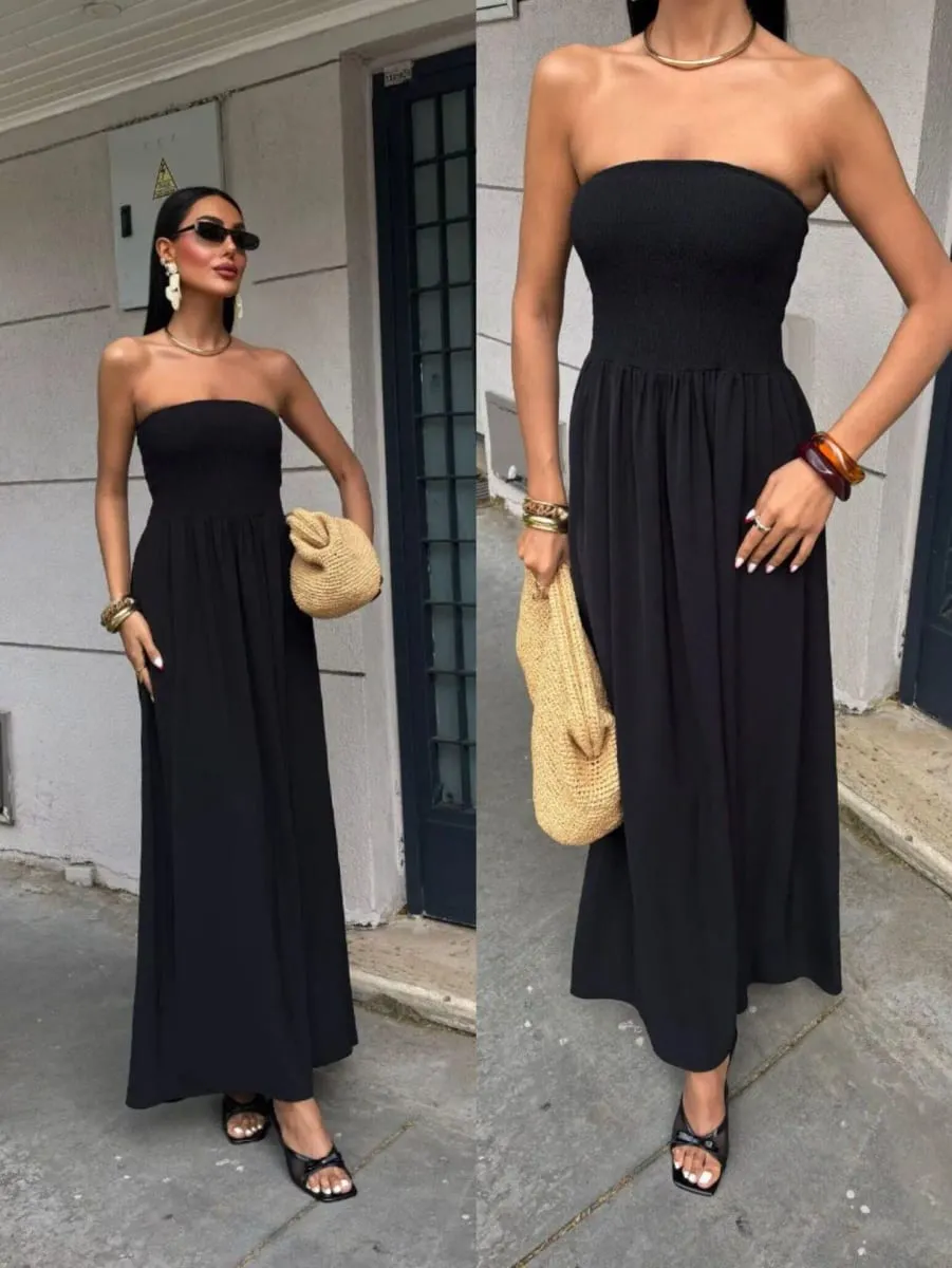 2026 New Summer Fashion Solid Color Off-Shoulder Strapless Waist-Cinching Long Dress for Women — image 5