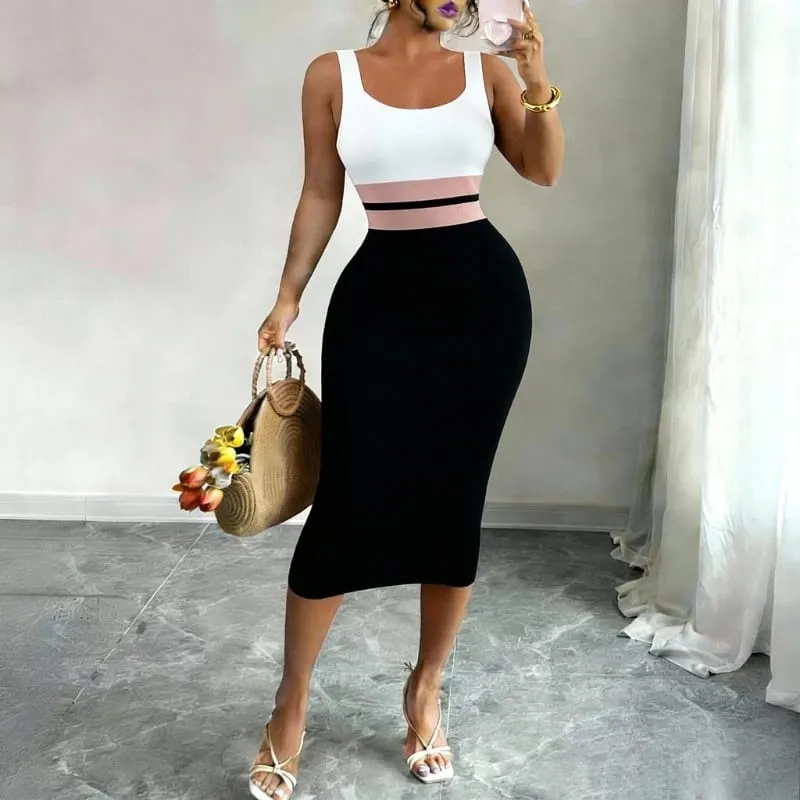 Women's White Black Patchwork Block Square Neck Sleeveless Stretchy Knit Bodycon Midi Dress Elegant Summer Daily Party Dress — image 3