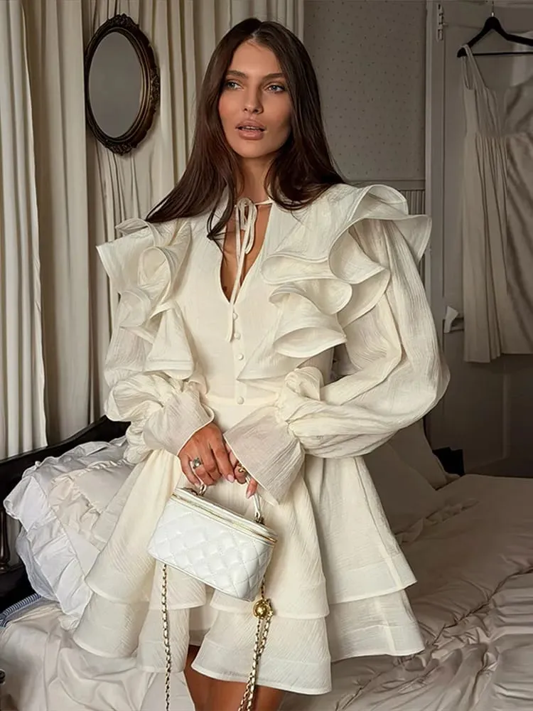 Solid Ruffle Mini Dress U Neck Long Puff Sleeve Tie Neck Tiered Hem Sweet Style Gown Soft Pastel Tones Fashion Chic Women Outfit — image 1