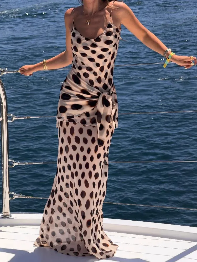 Trendy Slip Dress Animal Print V-neck Ruched Drawstring Sexy Maxi Women Dresses Beach Vacation Stylish Retro Summer Party Outfit — image 1