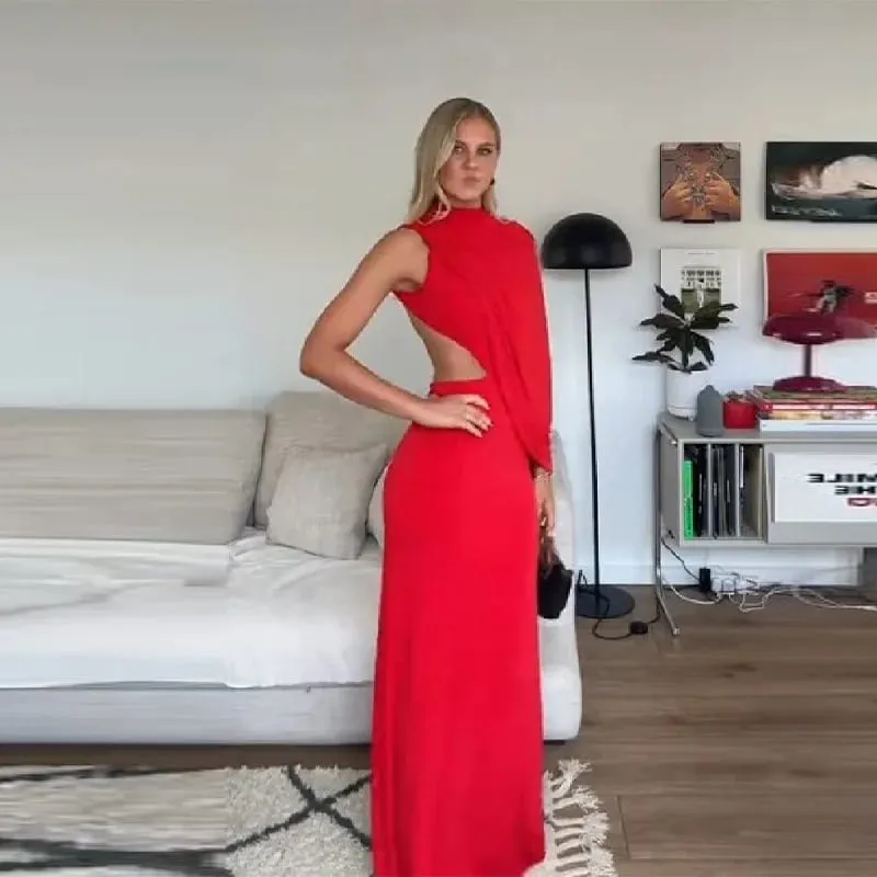 Czerwona asymetryczna drapowana sukienka maxi z odkrytymi plecami sukienka na jedno ramię na szyję wycięcie Bodycon suknia wieczorowa dla kobiet formalne przyjęcie — image 2