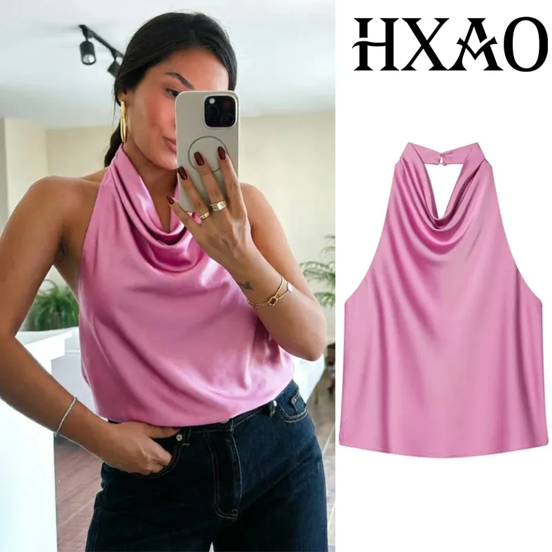 Women's Tanks Halter Top Women Sleeveless Green Crop Tops Summer Satin Party Evening Top Backless Sexy White Black Top — image 9