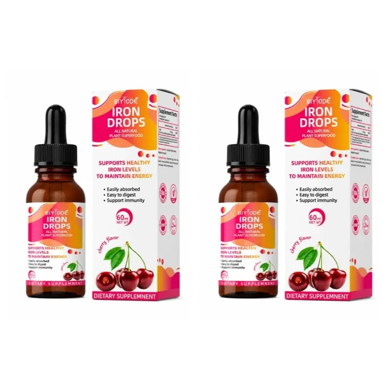 Iron Drops Liquid Supplement 18 Mg (100% DV) Ferrochel Ferrous Bisglycinate Chelate Easy Absorption Cherry Flavor 60ml