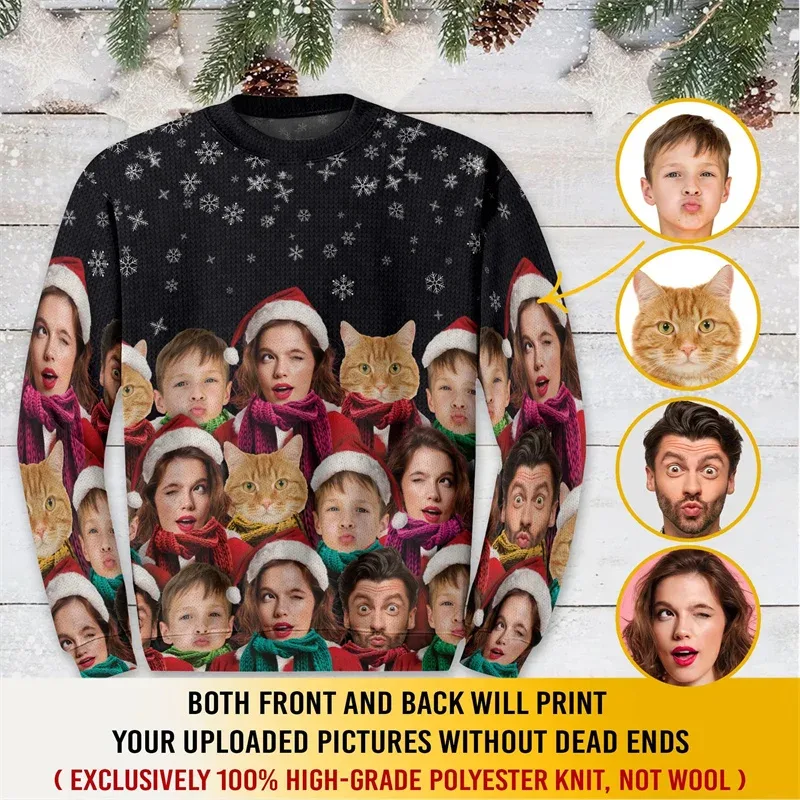 Custom Family Photo Christmas Sweatshirt Personalized Face Picture Print Xmas Tree Ugly Christmas Long Sleeve Party Tops — image 6