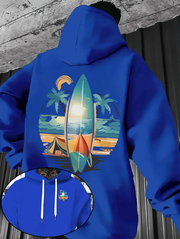 New Autumn/winter Men's Hooded Sweatshirt with Surfboard and Beach Print Loose Fit Stylish Street Style Comfortable Fit Hoodies — image 9