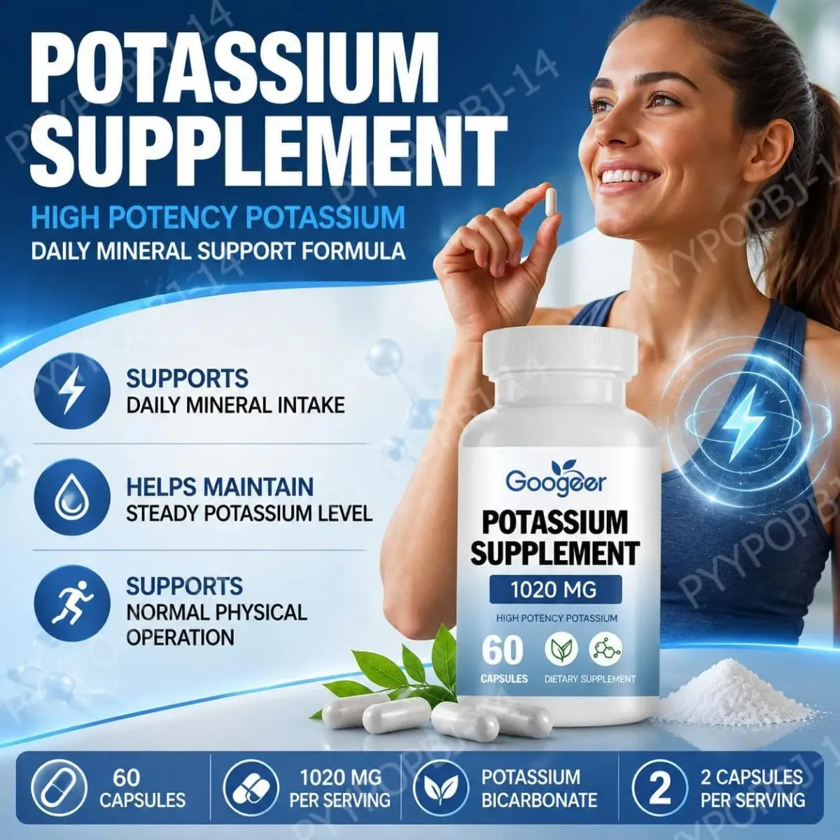 Googeer Kalium-Ergänzungskapseln zur täglichen Unterstützung des Mineralstoffmangels, 1020 mg Äquivalent, stabiler Kaliumspiegel, 60 Kapseln — image 2