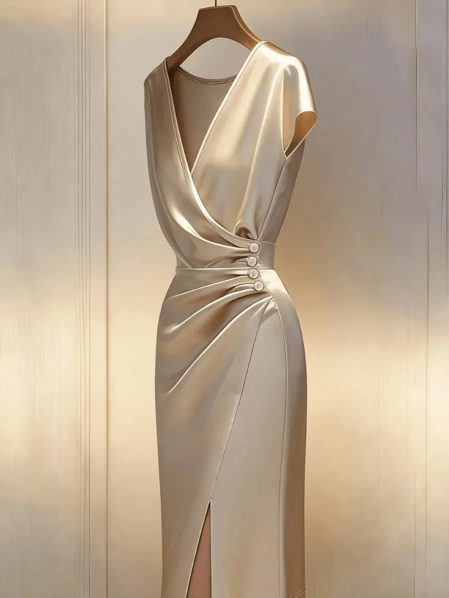 Women'S New V-Neck Short Sleeve Pleated Waist Button-Decorated Side Slit Fitted Dress Satin Dress Elegant Women'S Dress Champagn — image 3