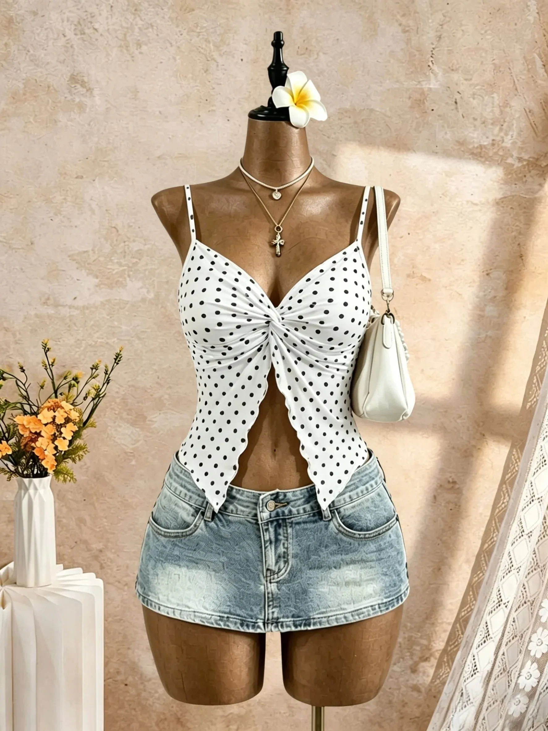 Women Spaghetti Strap V Neck Twist Front Cut Out Ruffle Irregular Hem Slim Fit Crop Cami Top 2026 Summer Y2K Solid White Sleevel — image 6