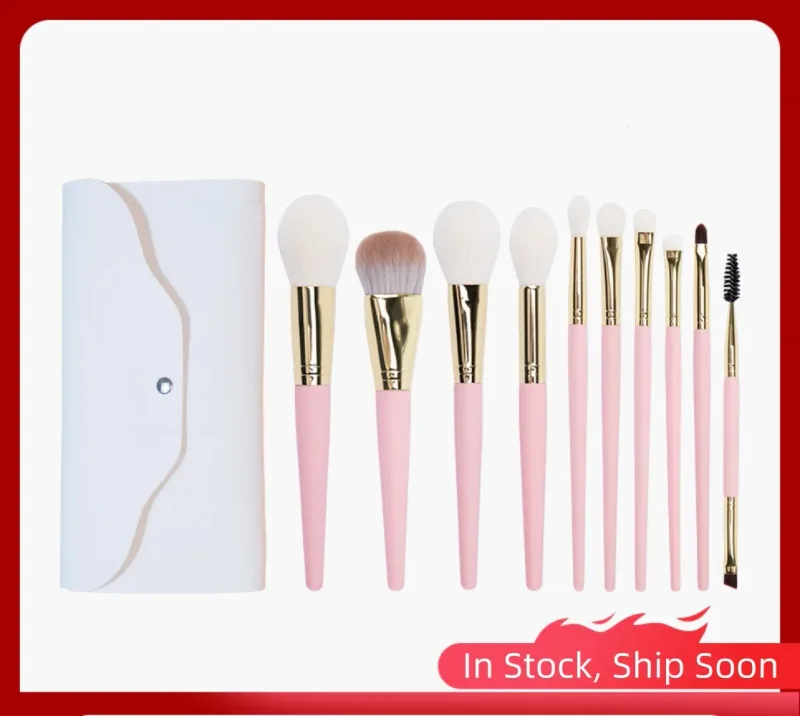 10 pçs pincéis de maquiagem rosa escova de sombra blush líquido fundação bb creme escovas de cabelo de cabra compõem escovas saco ferramentas cosméticas