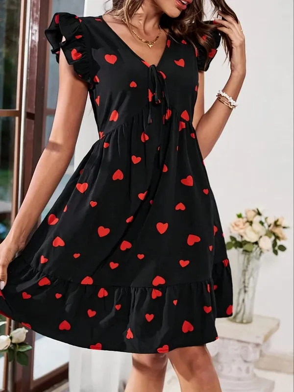 Fashionable Elegance Sweet Heart Print V-Neck Cap-Sleeve Women's Dress Vibrant Casual Chic Style Ladies Gown