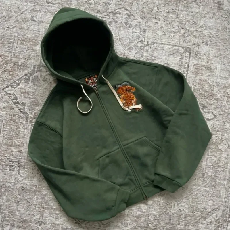 Y2k Men Women Casual Tiger Embroidery Hoodie Oversized Zip Up Sweatshirts Long Sleeve With Kangaroo Pocket Olive Green Clothes — image 7