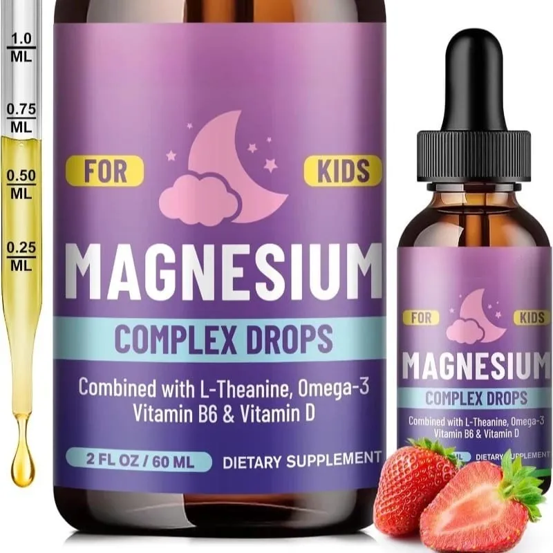 Magnesiumglycinat-Flüssigkeitstropfen für Kinder mit L-Theanin, Omega-3, Vitamin B6, D3 zur Schlafentspannung, 2 Fl Oz, Erdbeergeschmack