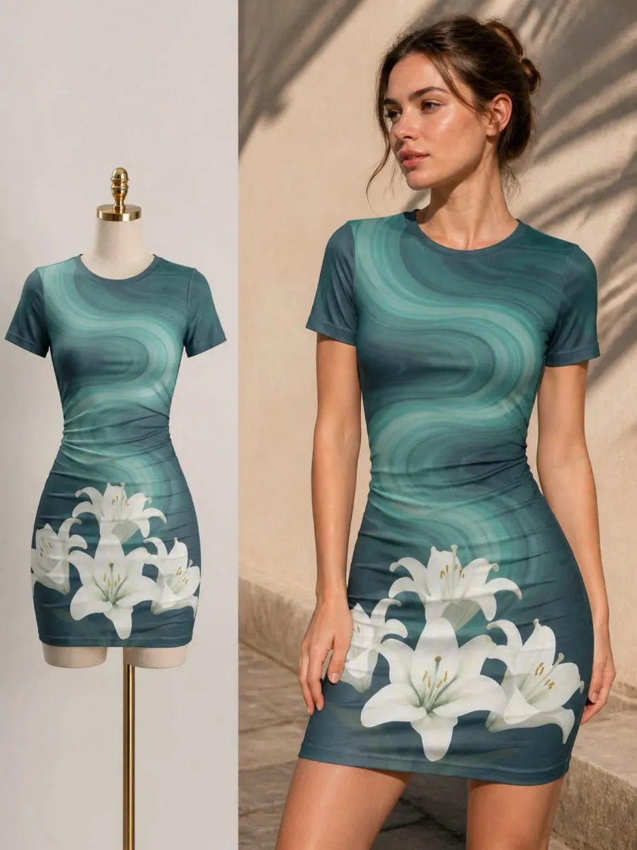 Womens Short Sleeve Bodycon Mini Dress Slim Fit Crew Neck Floral Print Casual Summer Party Cute Comfy Vacation Vacation Sundress — image 2