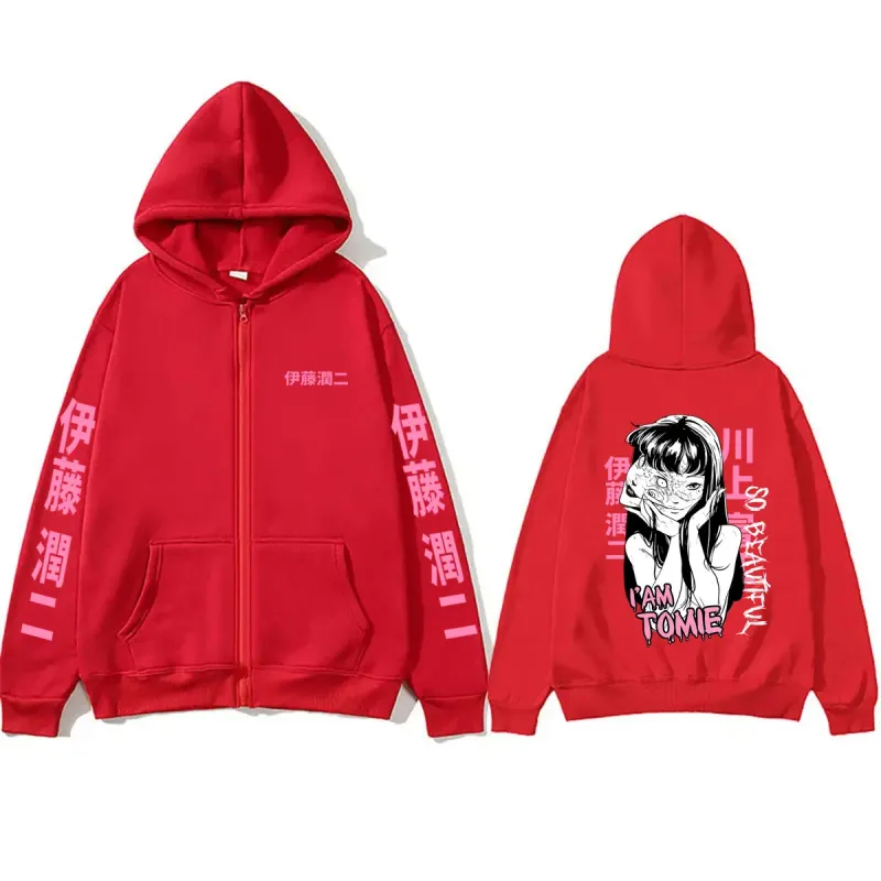 Anime Tomie Junji Ito Zipper Hoodie Men Women Vintage Manga Horror Gothic Zip Up Sweatshirts Men's Cosplay Retro Zip Up Jacket