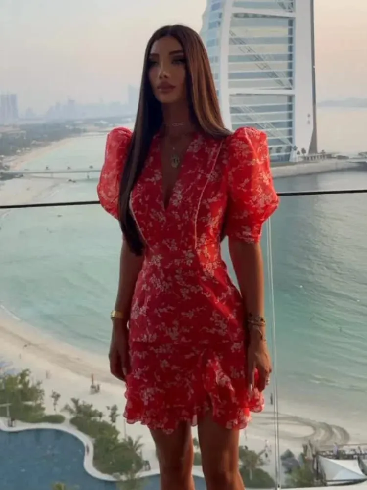 Women Red Floral Printed Mini Dress V-neck Short Sleeved Puff Sleeve Waist Trim Ruffle Slit Hem Dresses 2026 Summer Party Gown — image 4