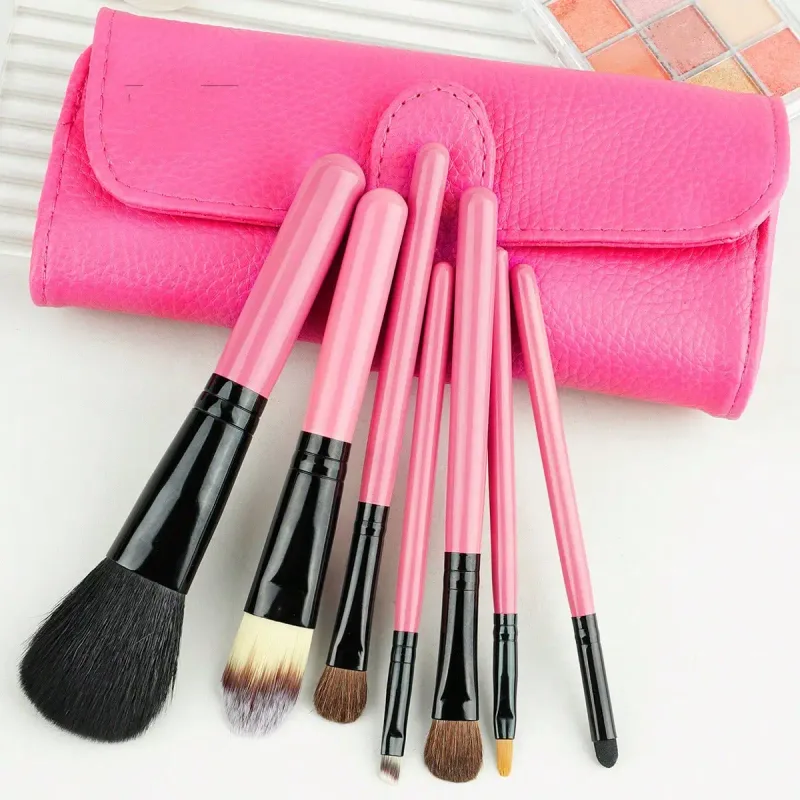 7 Pcs Pink Makeup Brush Set With Leather Case Foundation Blush Eyeshadow Brushes Portable Cosmetic Make‑up Tools Kit