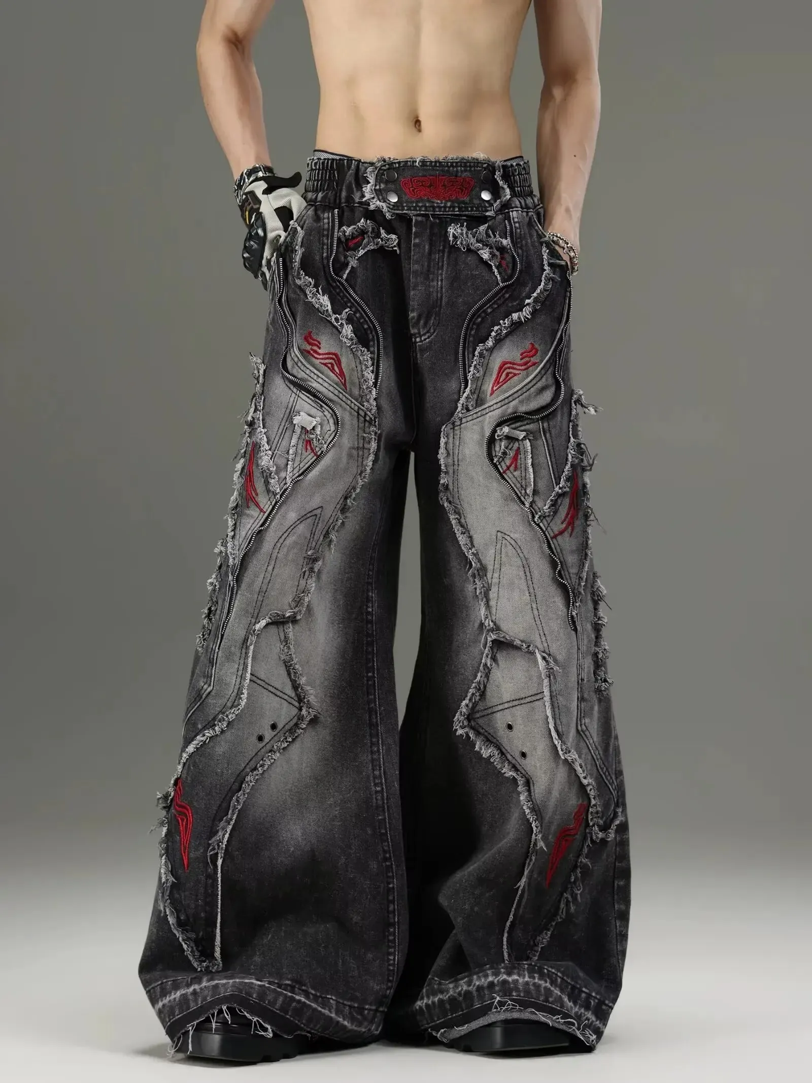 Gothic Retro Baggy Unisex Mopping Pants Y2K Phantom Jeans High Street Red Embroidered Patch Hip Hop Streetwear Straight Jeans — image 4