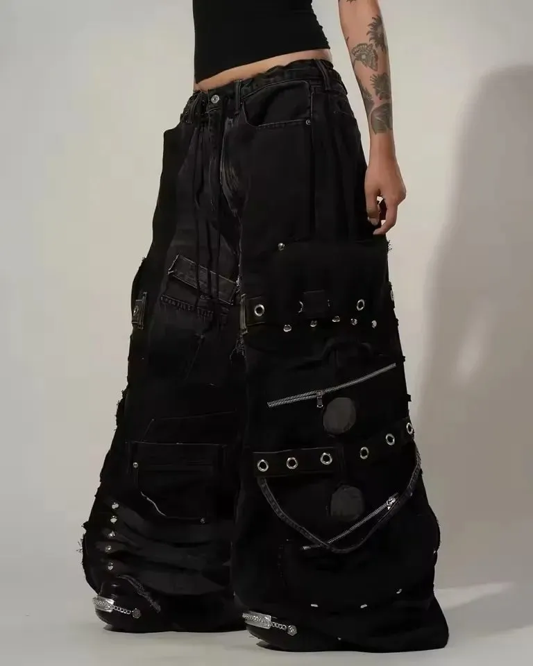 Streetwear Casual Black Cargo Jeans Men Heavy Buckle Strap Stud Zip Pocket Distressed Oversized Wide Leg Fashion Pants Y2K — image 6