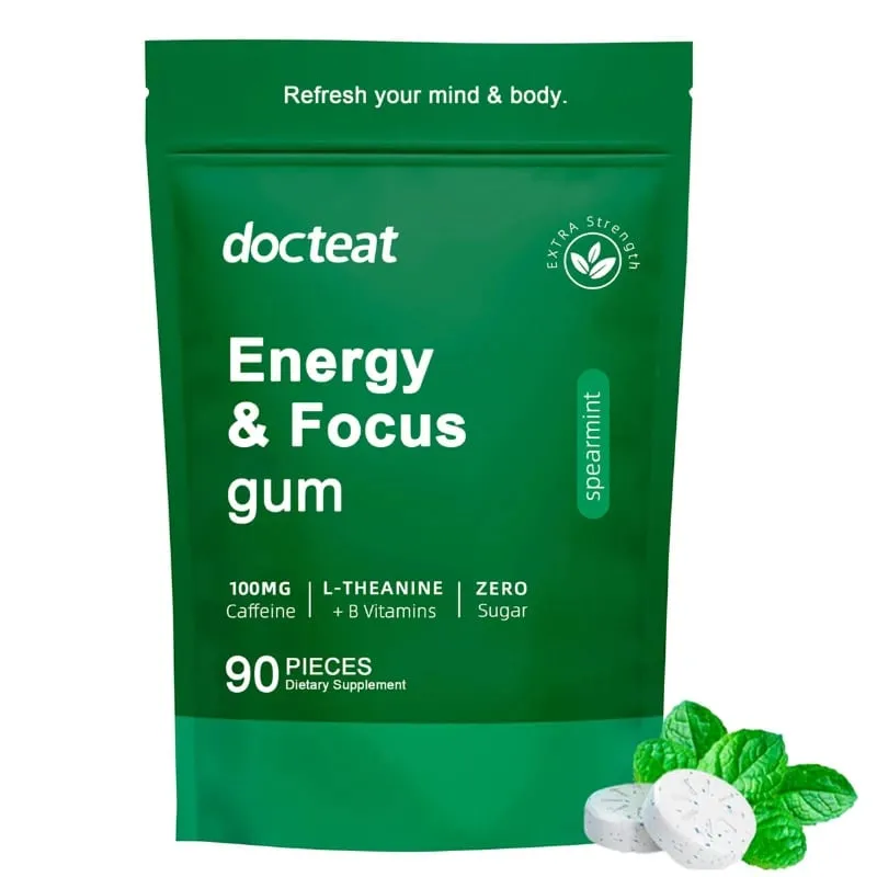 Energy & Focus Gum with Caffeine L-Theanine B Vitamins &Green Coffee Extract Sugar Free Dietary Supplement for Adults90 Pieces