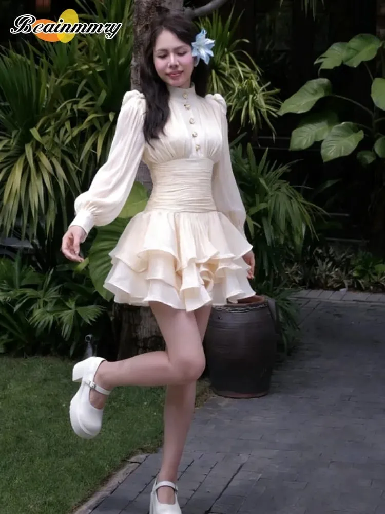 Cream Victorian-inspired Mini Dress Women Puff-sleeve Ruched Tiered Romantic Cottagecore Party Dresses 2026 Trendy Chic Outfit — image 3