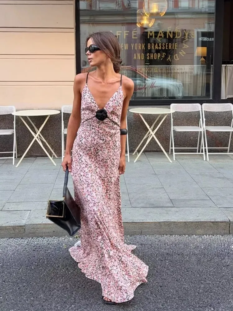 Sexy Floral Printed Sling Maxi Dress Spaghetti Strap Deep V Neck Front Black Rose Detail Ruffle Hem Lady Street Vacation Dresses — image 2