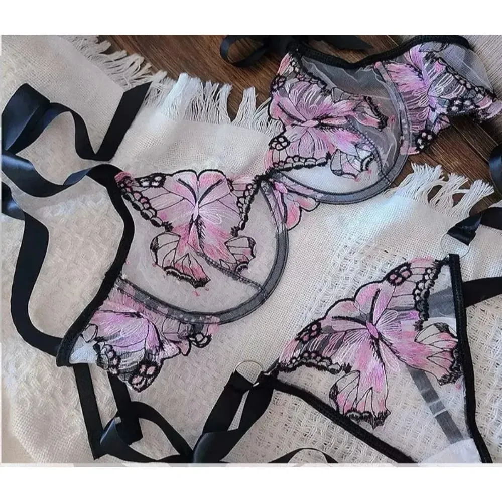 Modest Romantic Lace Butterfly Embroidery Bra Sheer Mesh Camisole Sleepwear Women Daily Wear Push Up Soft Lingerie Set 34-40 — image 3