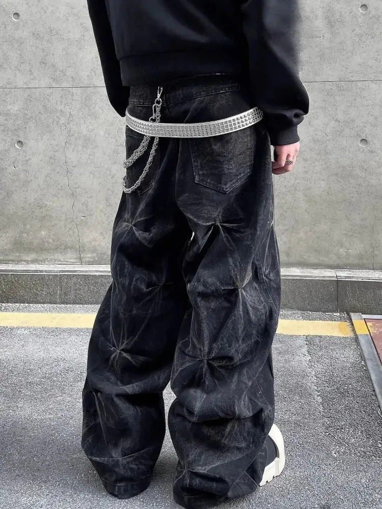 Mens Jeans Harajuku Y2K Streetwear Black Pleated Baggy Denim Pants High Street Hip Hop Wide Leg Loose Fit Casual Fashion Trend — image 4