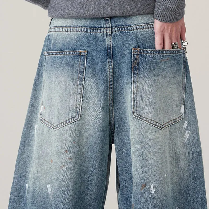 Autumn Korean Splashed Ink Jeans Men'S Straight Leg Pants Fashionable High Street Retro Loose Wide Leg Pants Design Pants — image 5