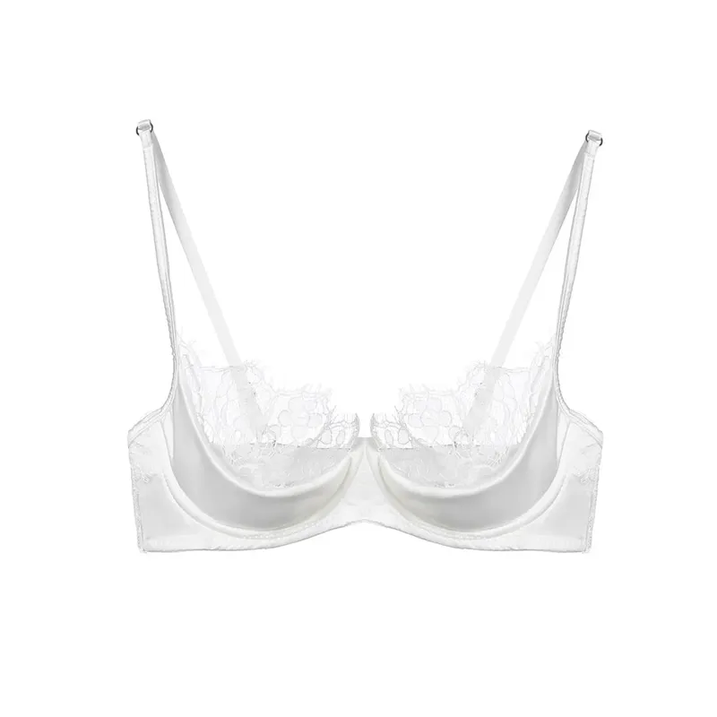 Half Cup Lingerie Set Women Green French Lace Ultra Thin Sheer Soft Comfortable Underwire Bra Small Bust 32‑38AB Set — image 11
