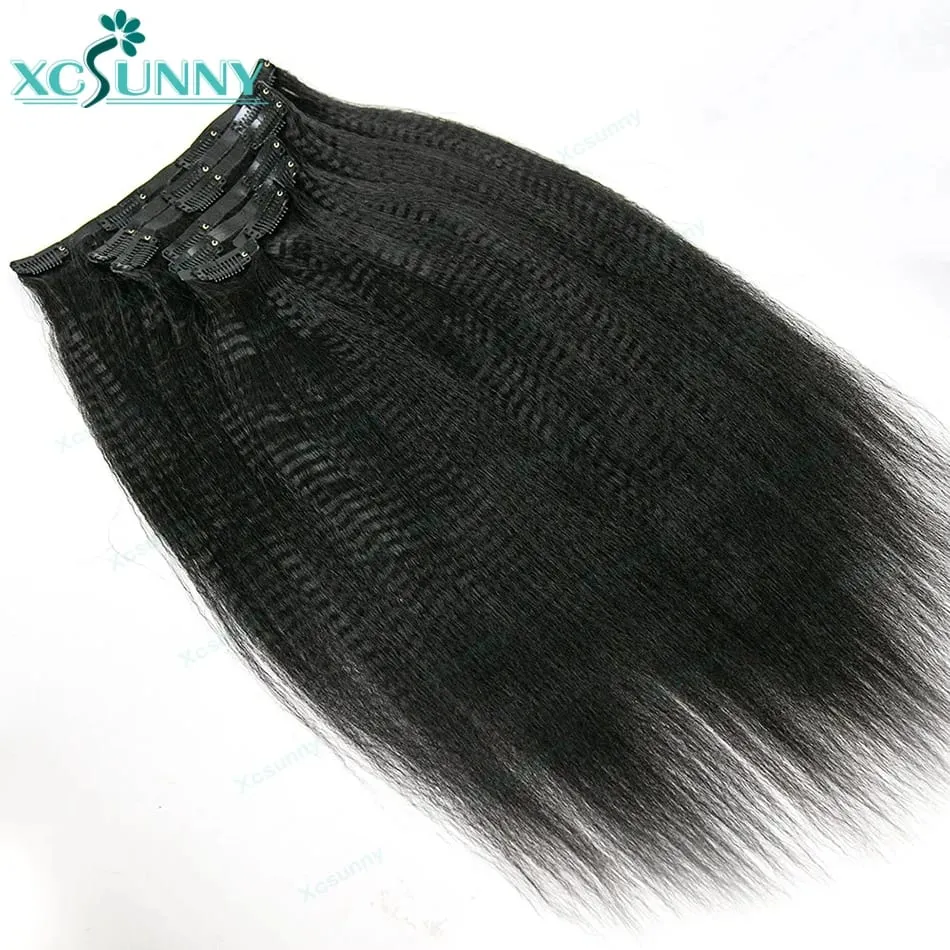 Invisable Edge Clip Ins Human Hair Extensions Yaki Straight Injected PU Tape Weft Clip In Hair Extensions 7Pcs/set Clip on Hair