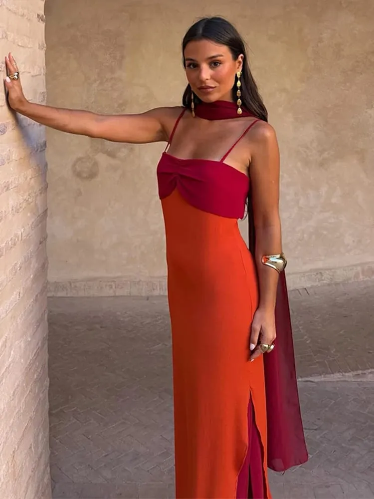 Women Dress Color Blocking Maxi Sleeveless Dresses Scarf Slimming Side Slit Long Dress Elegant Beach Vacation Party Outfit Lady — image 2