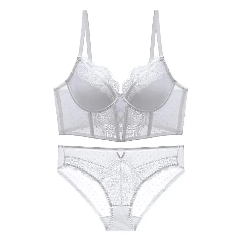 Women‘s French Lace Lingerie Set Push Up Bra Thin & Soft Steel Ring for Support Gathered Design Demi Cup Chemise for Small Bust — image 10