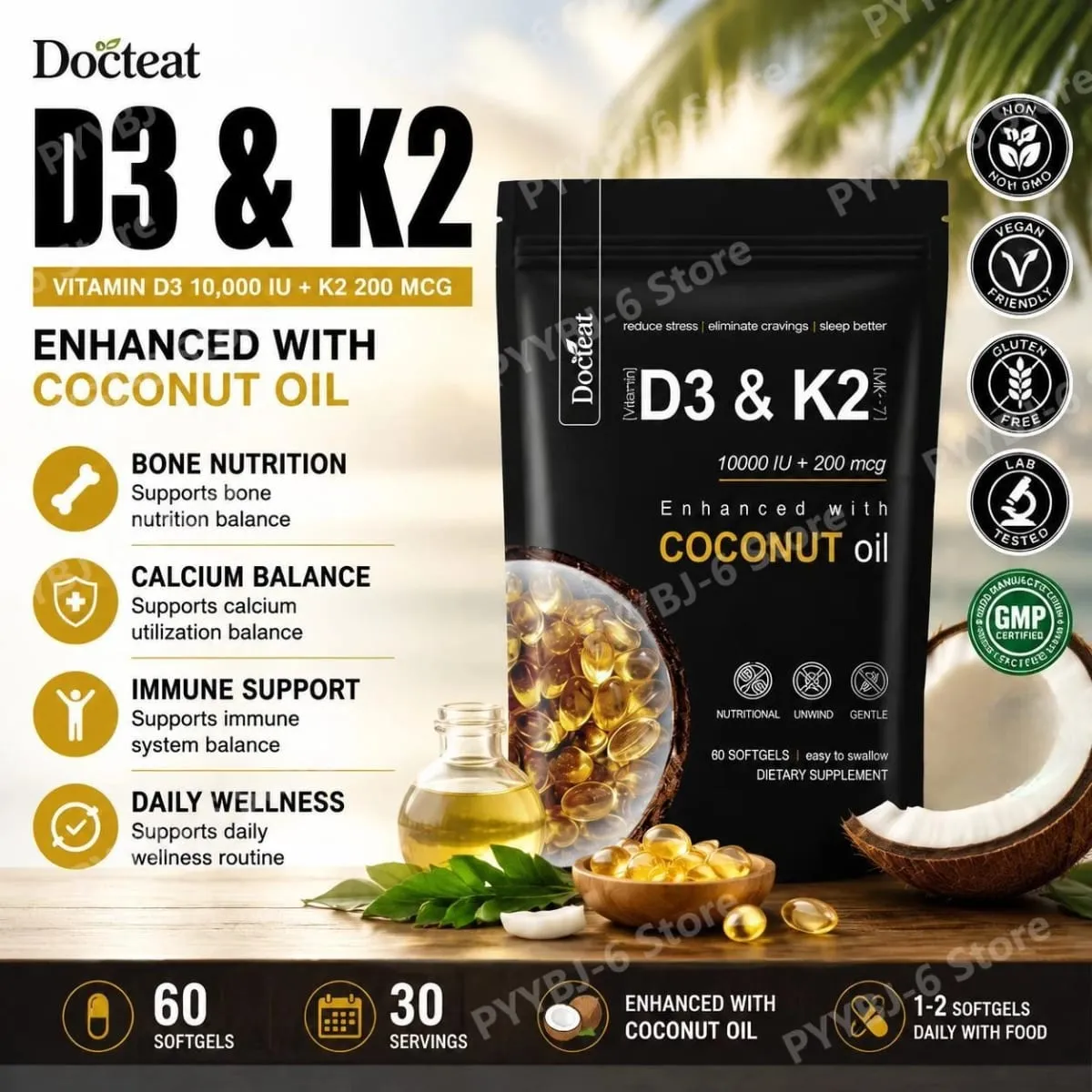 Docteat Vitamin D3 & K2 Softgels with Magnesium and Coconut Oil for Bone Nutrition Balance Immune System Balance - 60 Softgels
