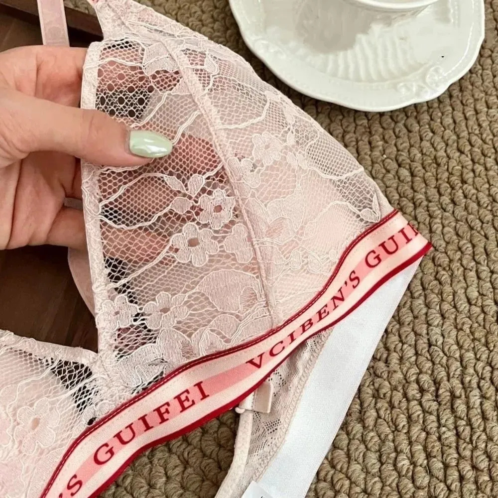 Bra Suit Letter Design Lingerie Set Deep V Wireless Women Underwear Suit Color Blocking Lace Bra Panties Set Girl