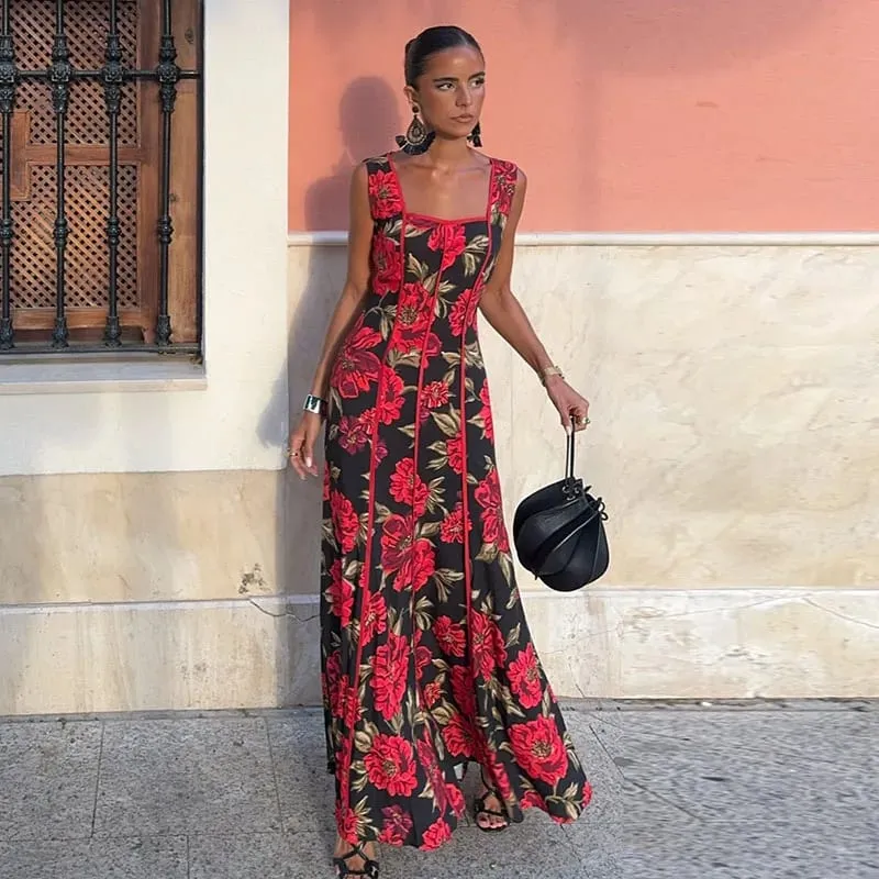 Women Printed V Neck Long Dress Flared Sleeve Lotus Leaf Edge High Waist Slim Fit Maxi Dresses Lady Elegant Evening Party Dress — image 9