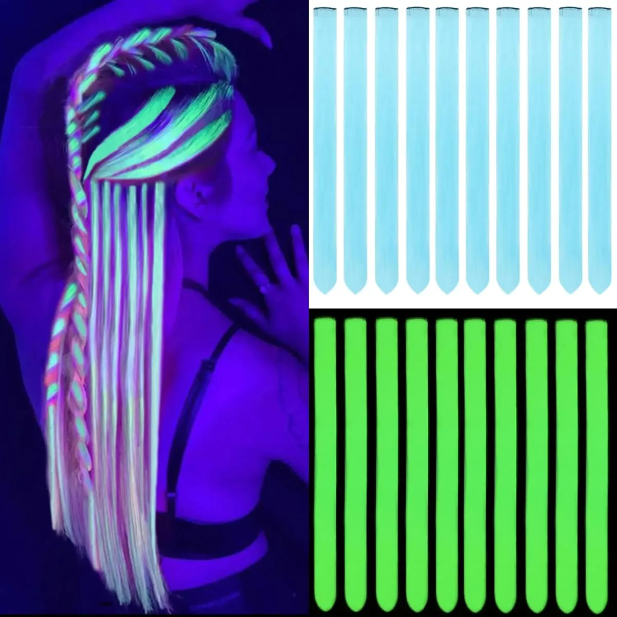 Glow In The Dark Clip‑In Hair Extensions 24 Inch Synthetic Peekaboo Highlight Hairpieces For Festival Halloween Party