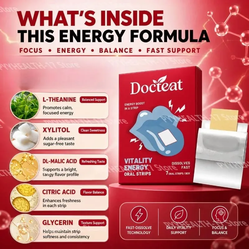 Docteat Vitality Energy Oral Strips Melt-in-Mouth Dissolves Fast L-Theanine No Water Needed Stay Awake Support 7 Strips — image 2