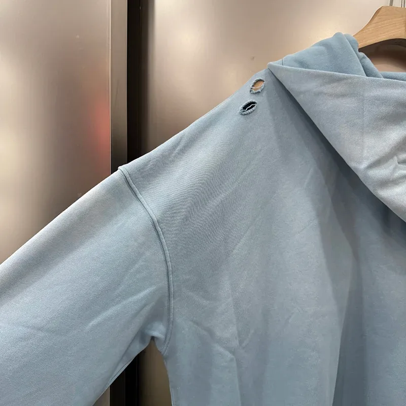Light Blue PALY Letter Crystal Hoodie Ripped Washed Fashion Patch High Street Casual Men Women 1:1 Zipper Sweatshirts — image 15