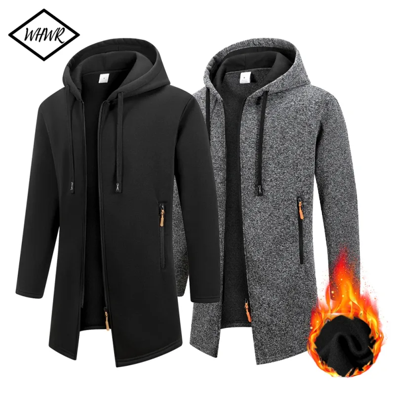 Men's Retro Zipper Jacket Mid Length Windbreaker Spring Autumn Winter Fleece Warm Jackets Fashion Casual Patchwork Yarn Coat — image 6