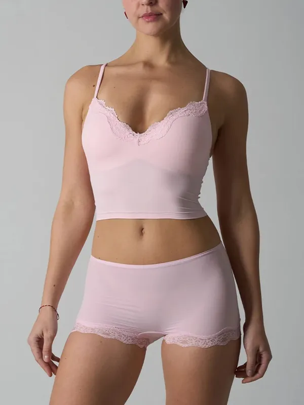 Lace V Neck Padded Bra and Boxer Shorts Set for Women Seamless High Elasticity Ultra Thin Solid Lingerie Set — image 3