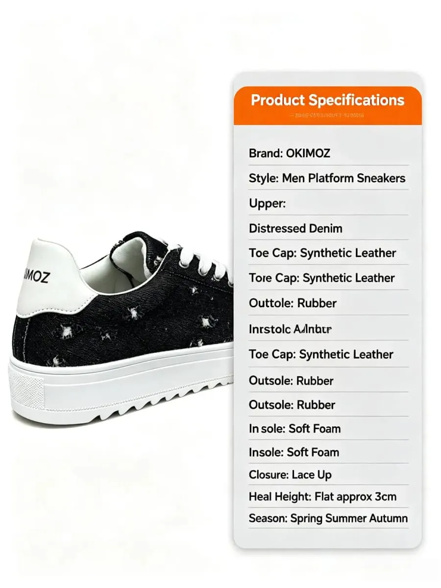 Okimoz Men Distressed Ripped Platform Canvas Sneakers Autumn Winter Low Top Lace Up Casual Campus Daily Skate Walking Shoes