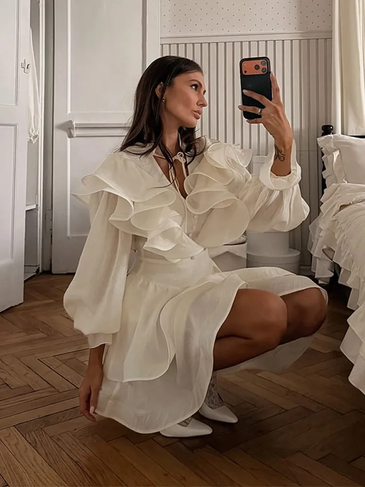 Layered Ruffle Cinched Waist Dress Fashion Elegant Lantern Long Sleeve Buttons V-neck Mini Dresses 2026 Summer Sheer Mesh Gown