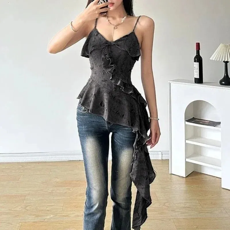 Y2K Hotsweet Women Camisole Gothic Ruffle Tank V-Neck Sleevless Tops Sexy Lady Irregular T-Shirts&Blouses Streetwear All-match