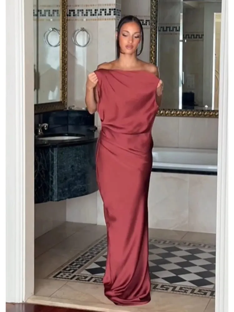 Ruched Waist Satin Long Dress Solid Bodycon Sleeveless Cowl Neck Fishtail Women Dresses 2026 Summer Lady Formal Evening Gowns — image 3