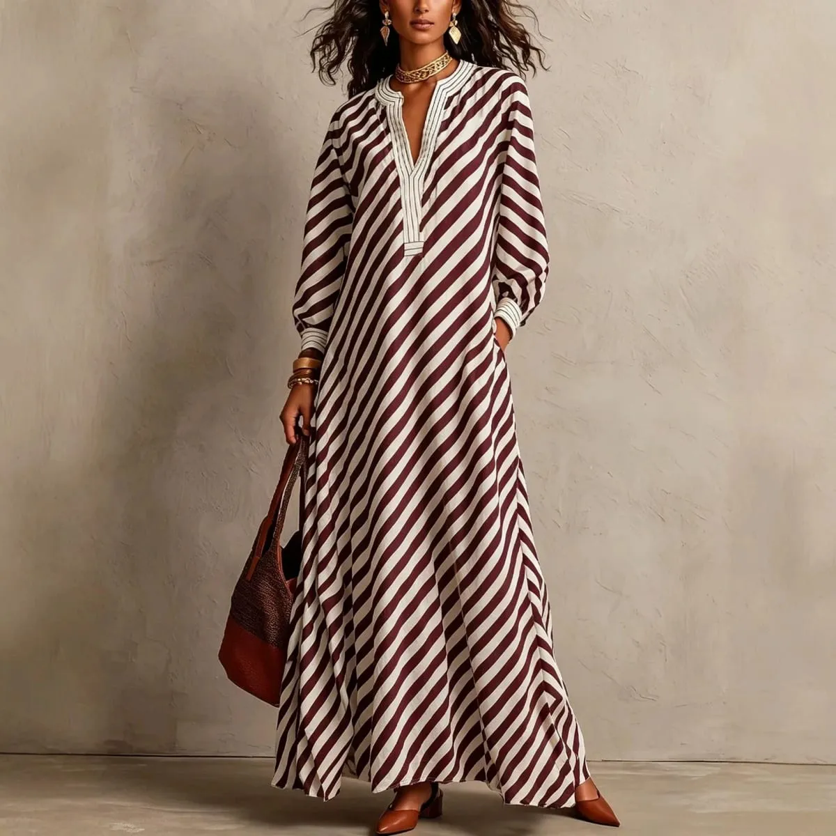 Fashion Stripe Print Maxi Dress 2026 Autumn Winter Women V‑Neck Long Sleeve Loose Casual Long Dresses Holiday Beach Boho Dress — image 4