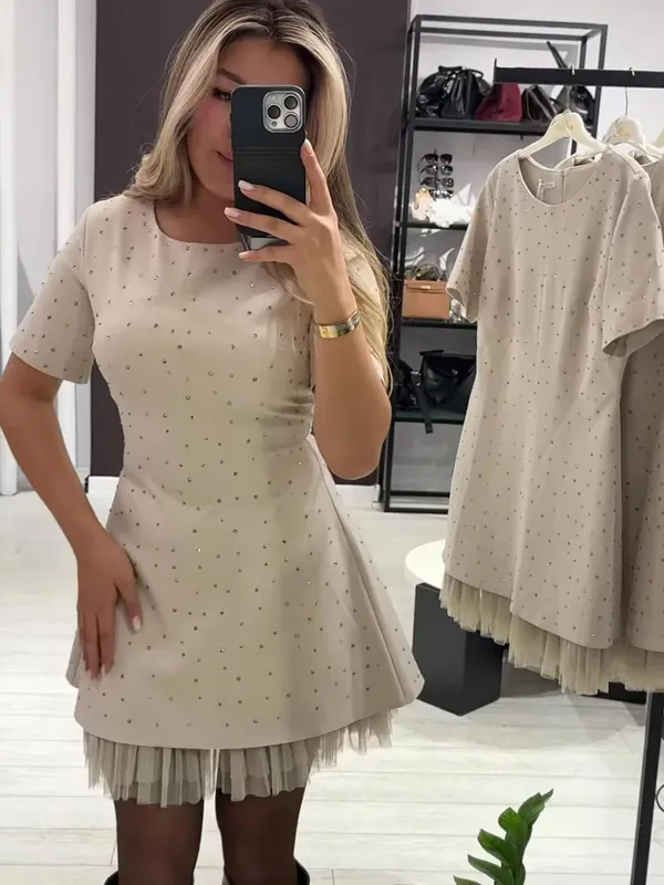 Elegant Casual Dress Spring Summer New Style Hot Rhinestone Hem Mesh Solid Fashion Dress For Women Short Sleeve Holiday Dress — image 9